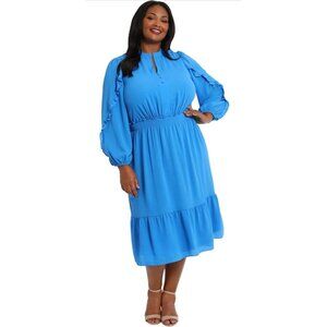 NWT London Times 24W Blue Midi Dress Smocked Waist Long Ruffle Sleeve